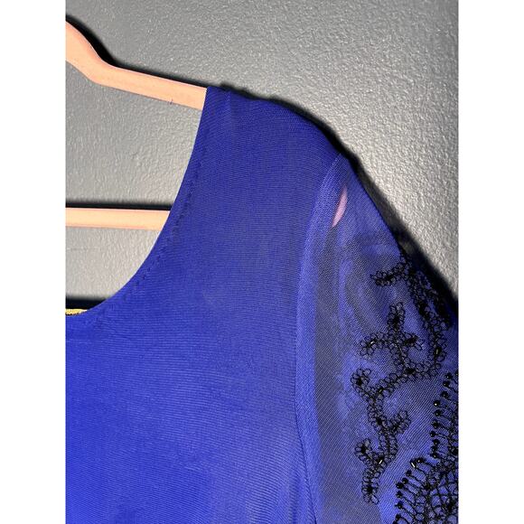 Sacada Blue Black Beaded Short Formal Dress with Sheer Sleeves and Embroidery - Picture 9 of 9